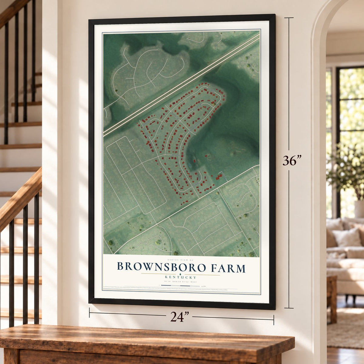 Brownsboro Farm, Kentucky map, 24 x 36 inch print in a black frame by a staircase