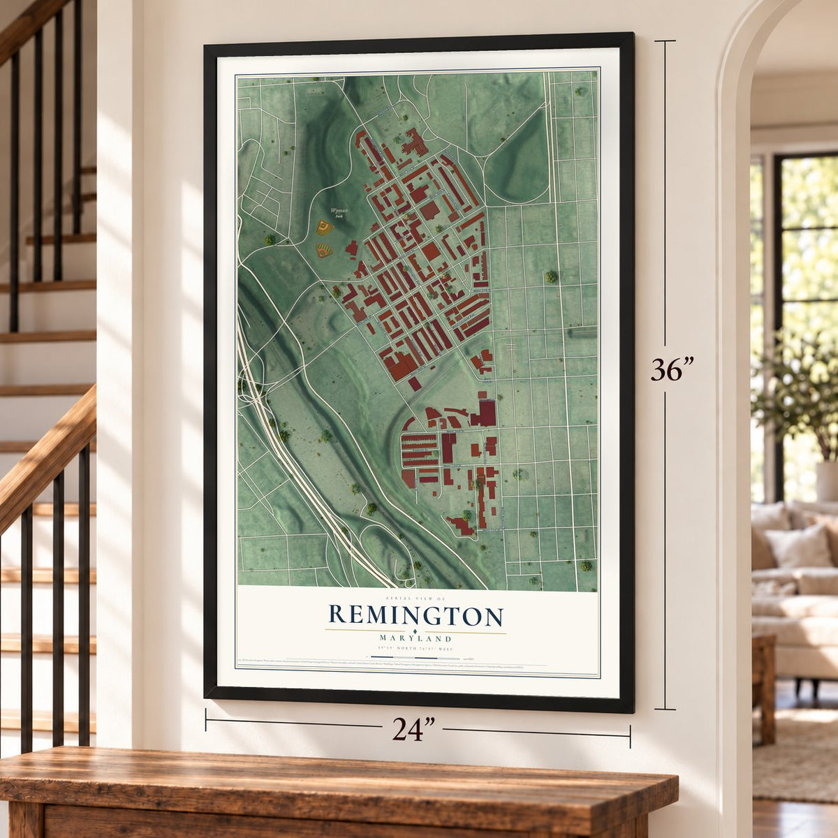 Remington, Maryland map, 24 x 36 inch print in a black frame by a staircase