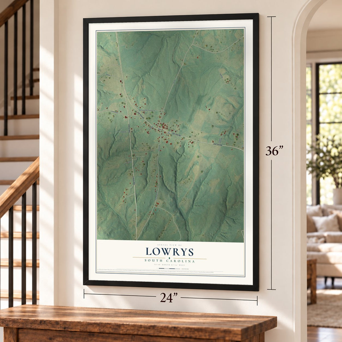 Lowrys, South Carolina map, 24 x 36 inch print in a black frame by a staircase
