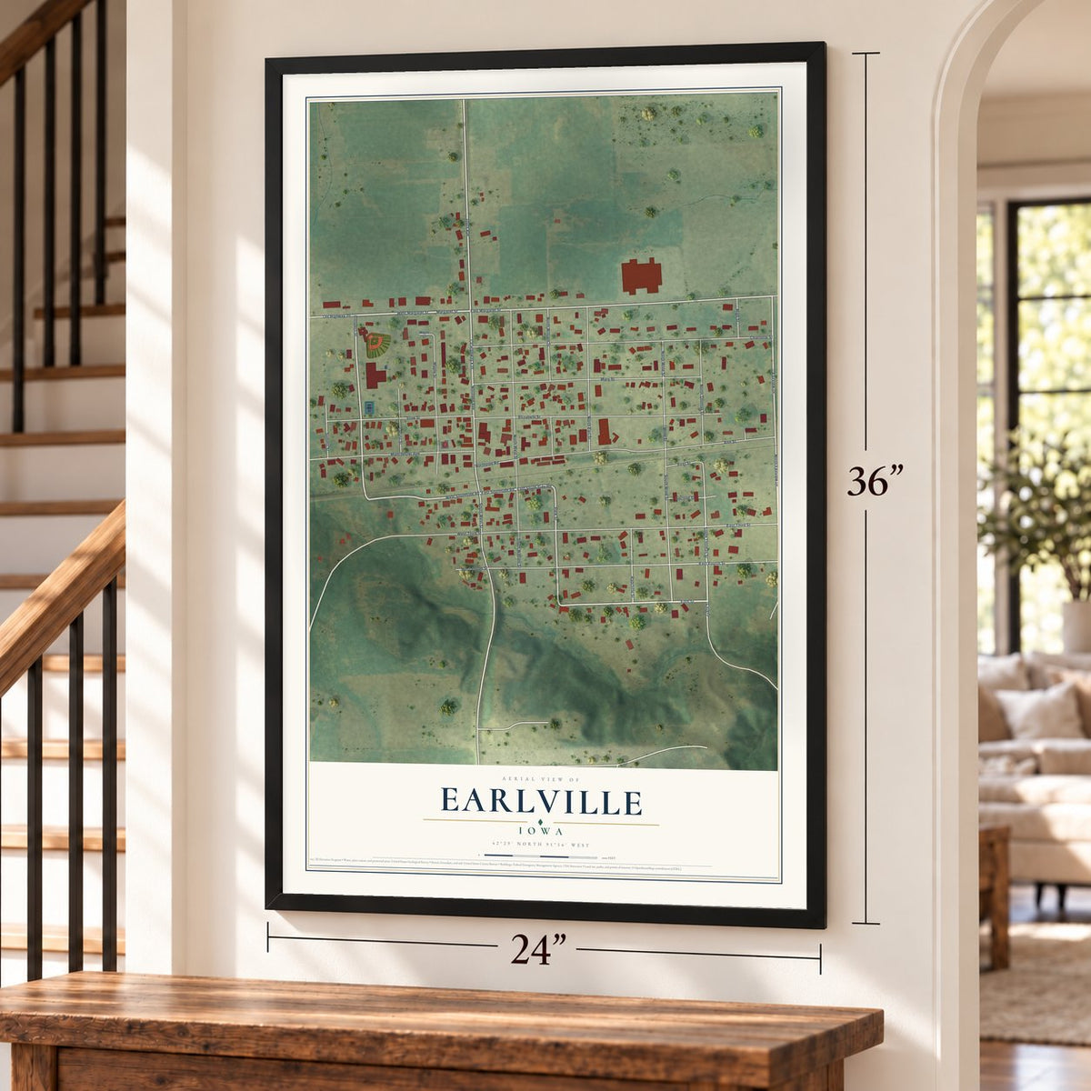 Earlville, Iowa map, 24 x 36 inch print in a black frame by a staircase