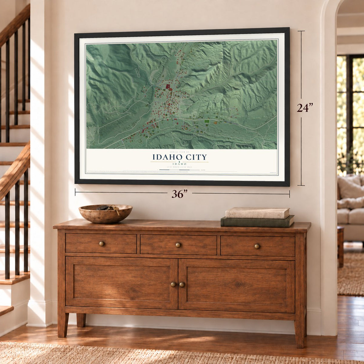 Idaho City, Idaho map, 24 x 36 inch print in a black frame above a dresser by a staircase