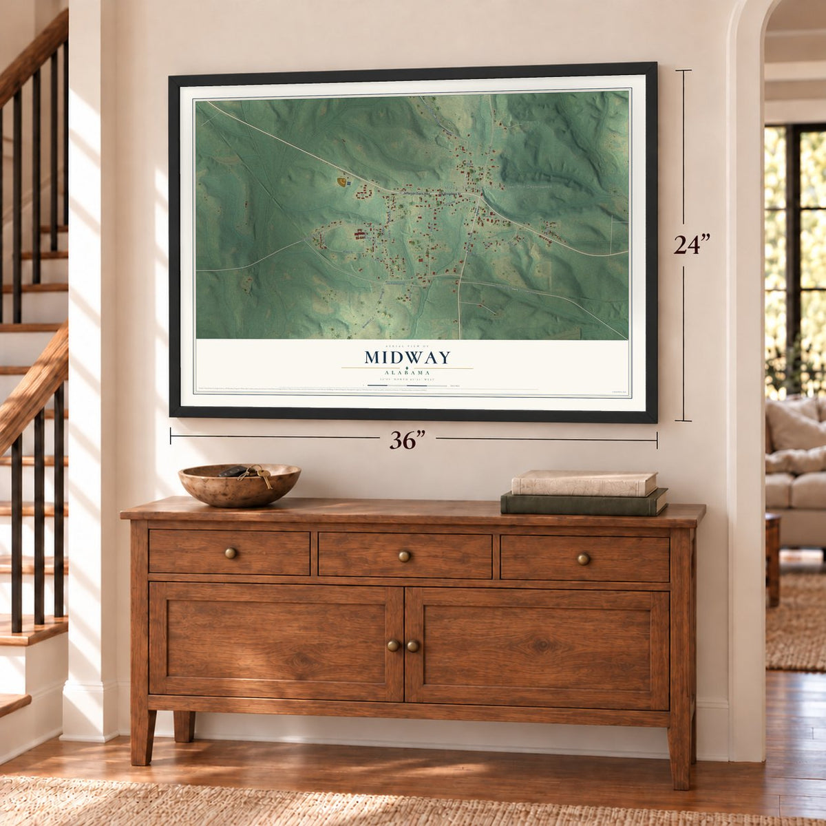 Midway, Alabama map, 24 x 36 inch print in a black frame above a dresser by a staircase