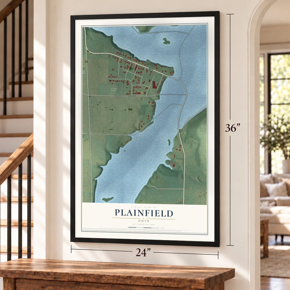 Plainfield, Ohio map, 24 x 36 inch print in a black frame by a staircase