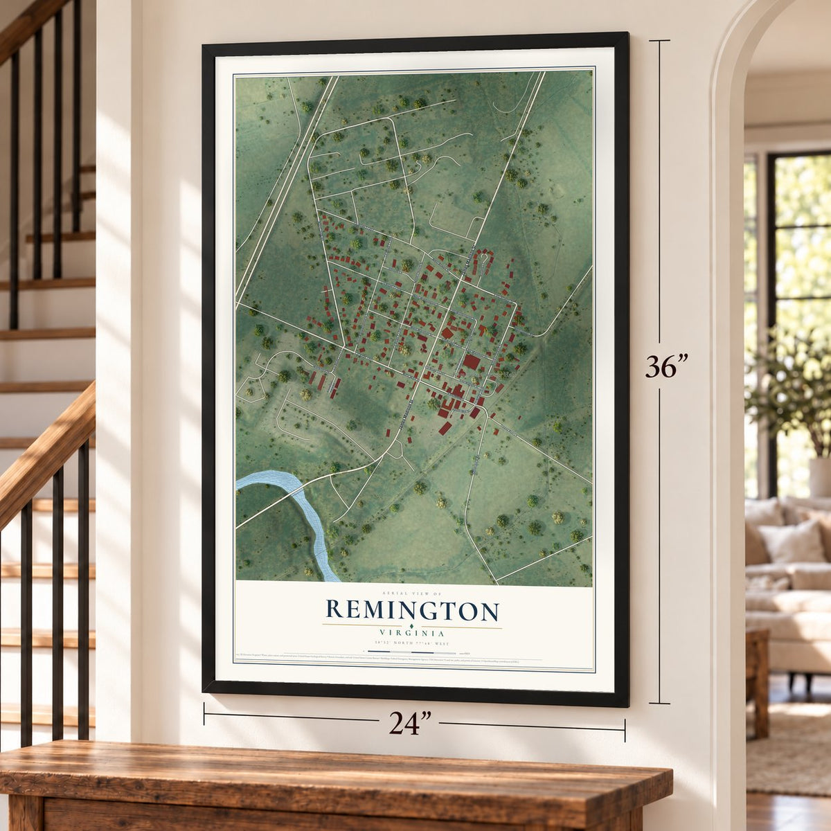 Remington, Virginia map, 24 x 36 inch print in a black frame by a staircase