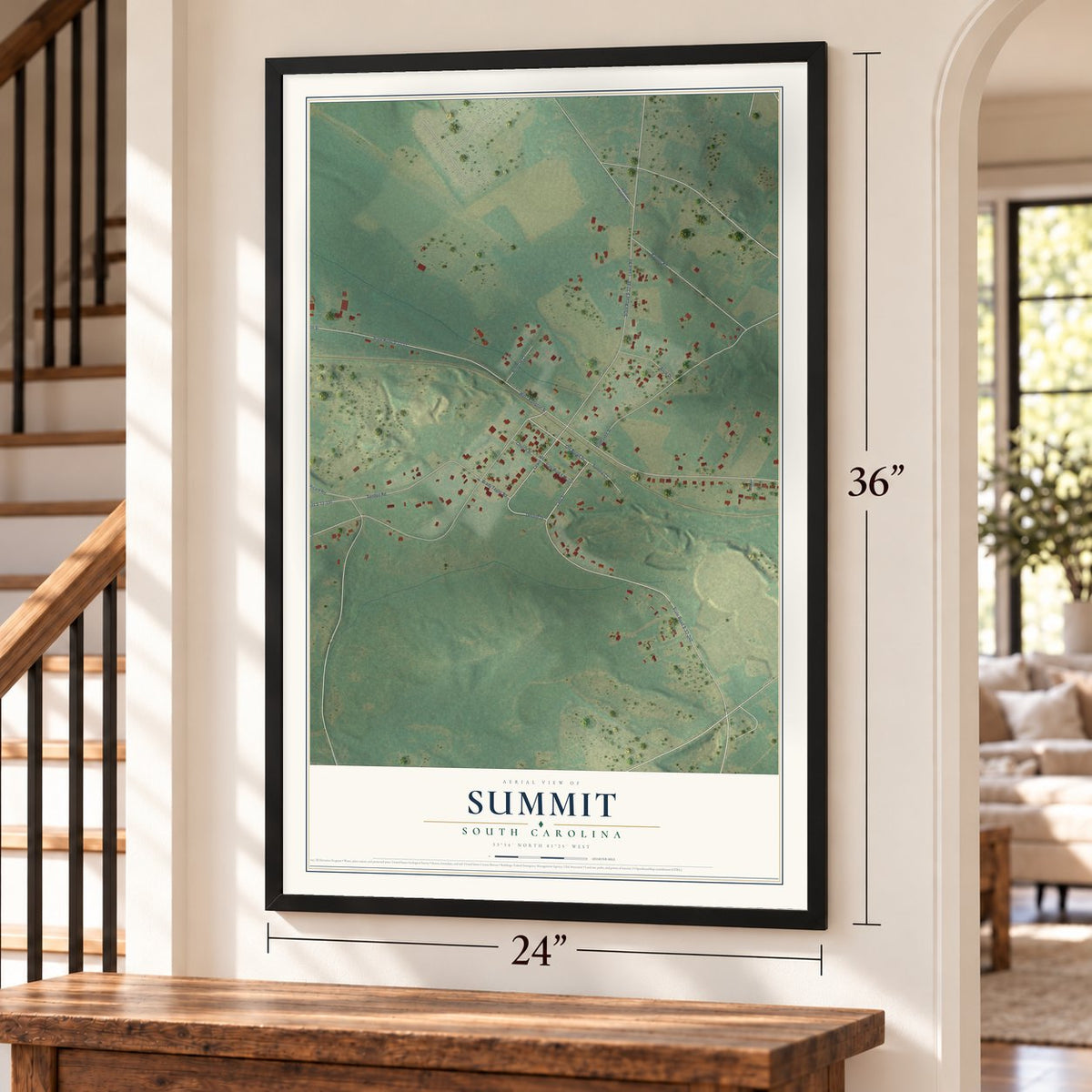 Summit, South Carolina map, 24 x 36 inch print in a black frame by a staircase