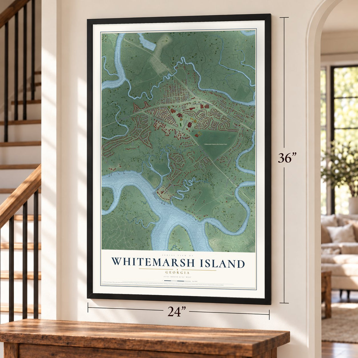 Whitemarsh Island, Georgia map, 24 x 36 inch print in a black frame by a staircase