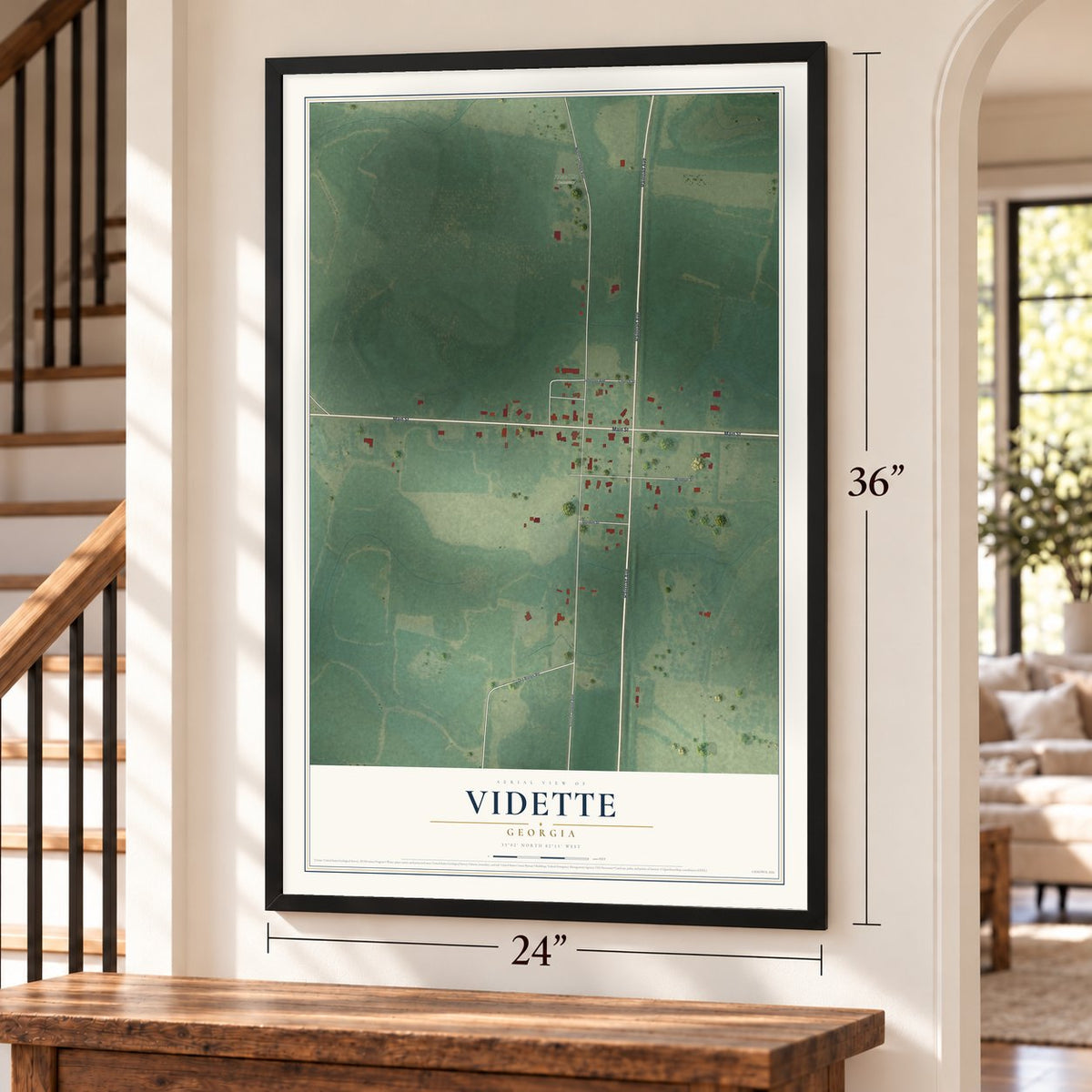 Vidette, Georgia map, 24 x 36 inch print in a black frame by a staircase