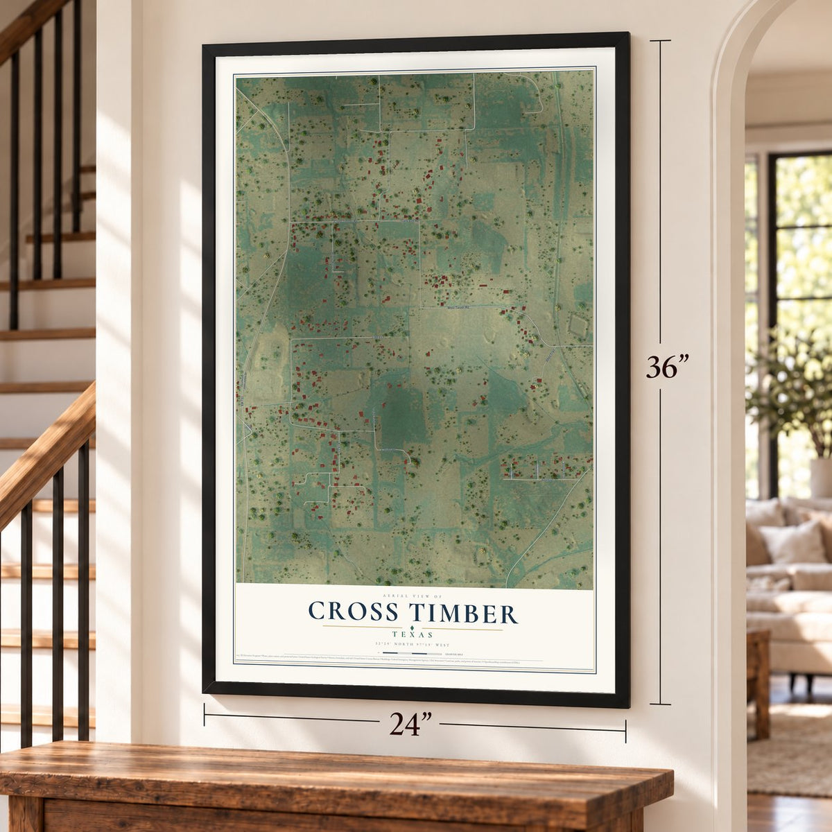 Cross Timber, Texas map, 24 x 36 inch print in a black frame by a staircase