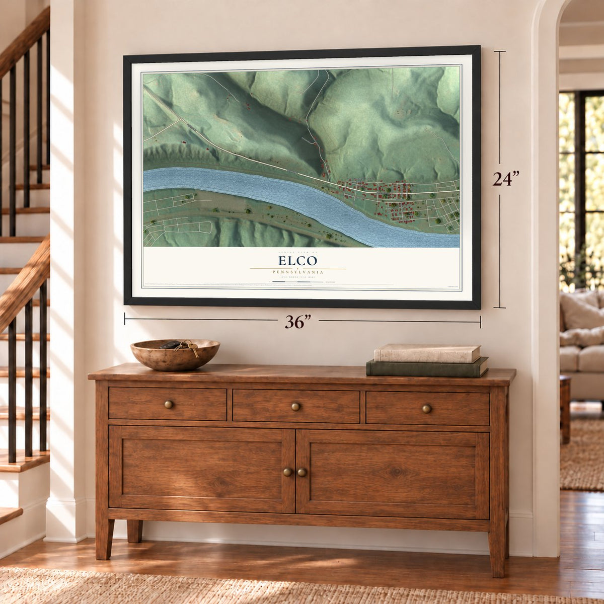 Elco, Pennsylvania map, 24 x 36 inch print in a black frame above a dresser by a staircase