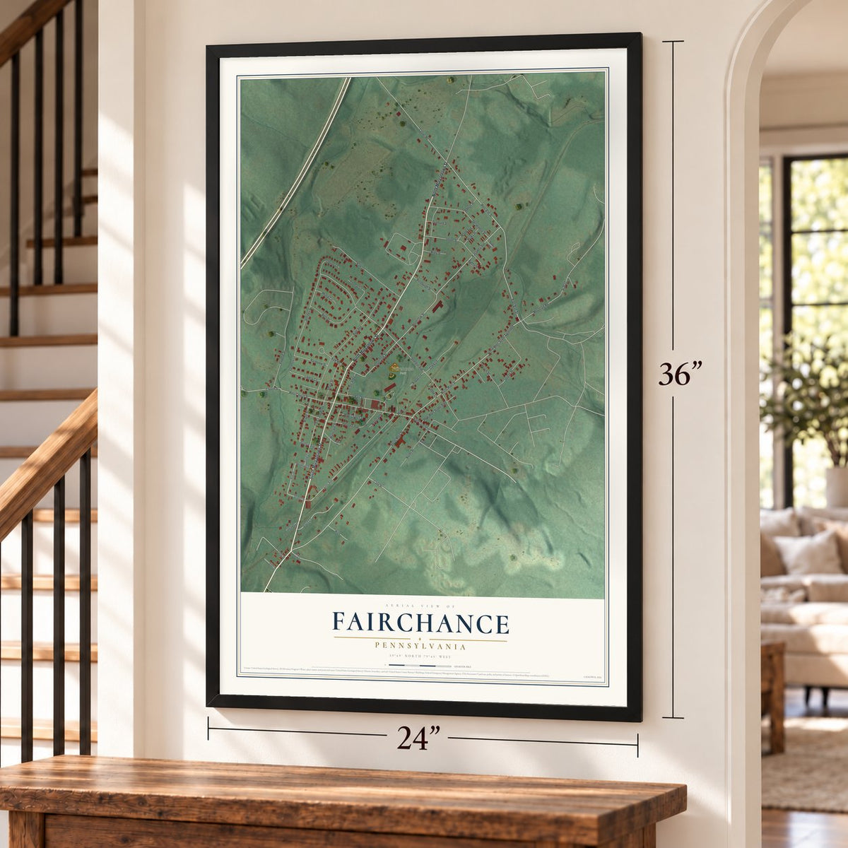 Fairchance, Pennsylvania map, 24 x 36 inch print in a black frame by a staircase