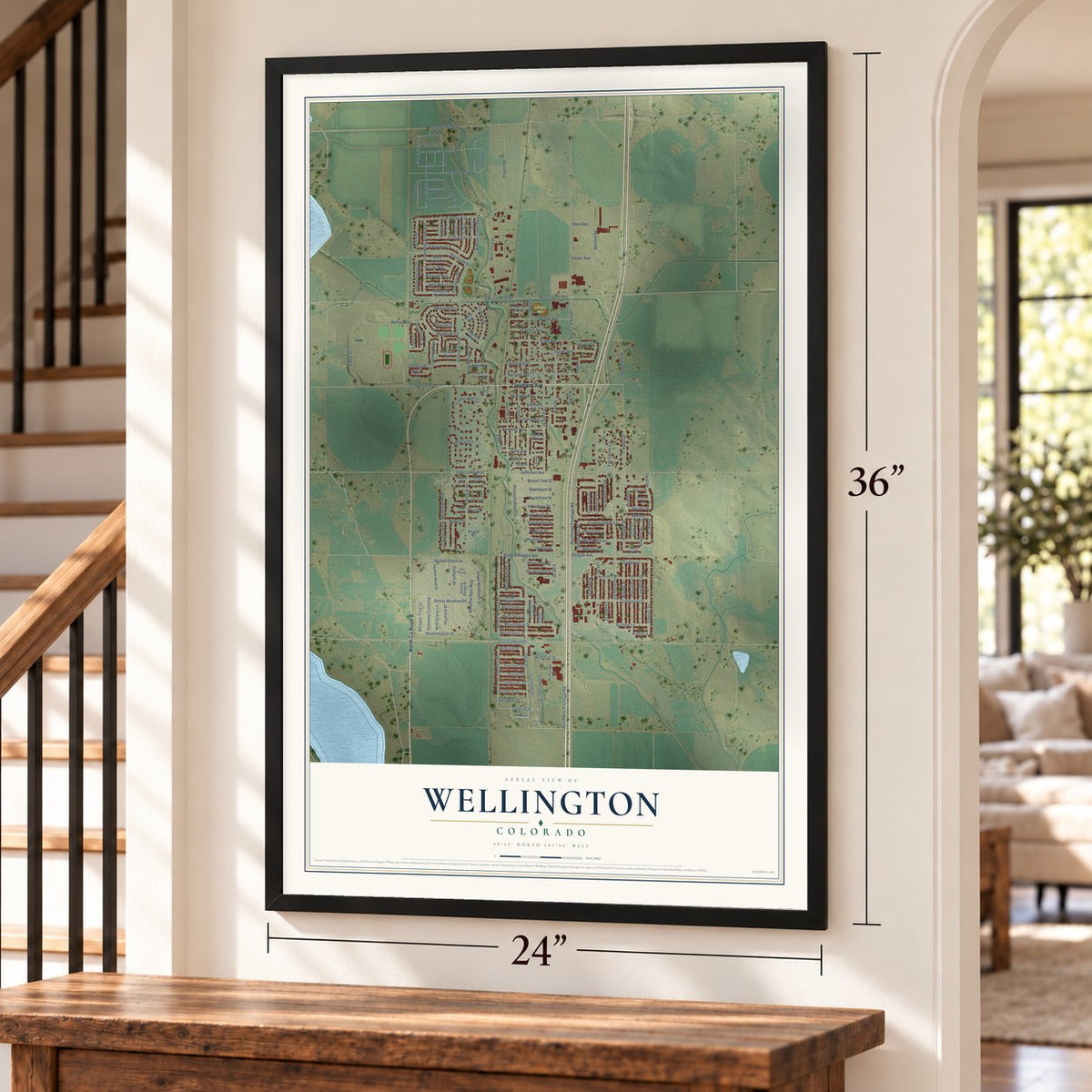Wellington, Colorado map, 24 x 36 inch print in a black frame by a staircase