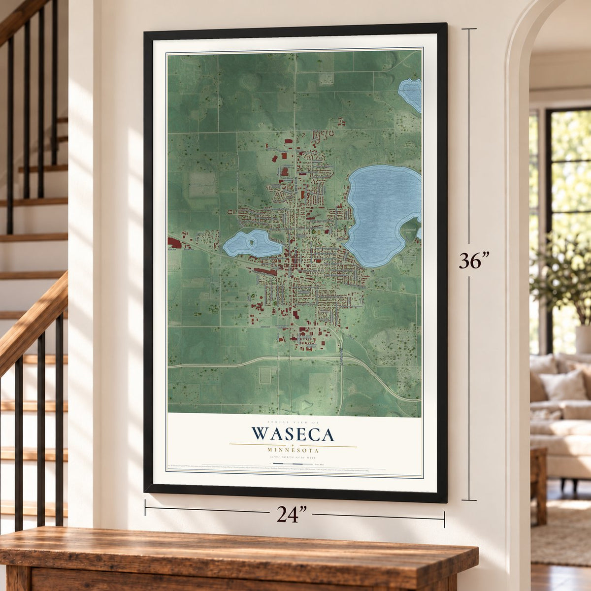 Waseca, Minnesota map, 24 x 36 inch print in a black frame by a staircase