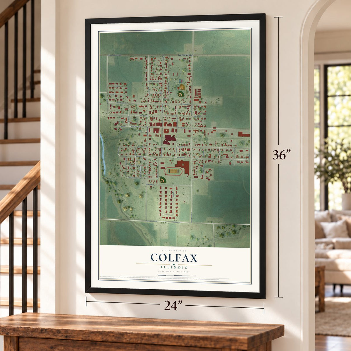 Colfax, Illinois map, 24 x 36 inch print in a black frame by a staircase