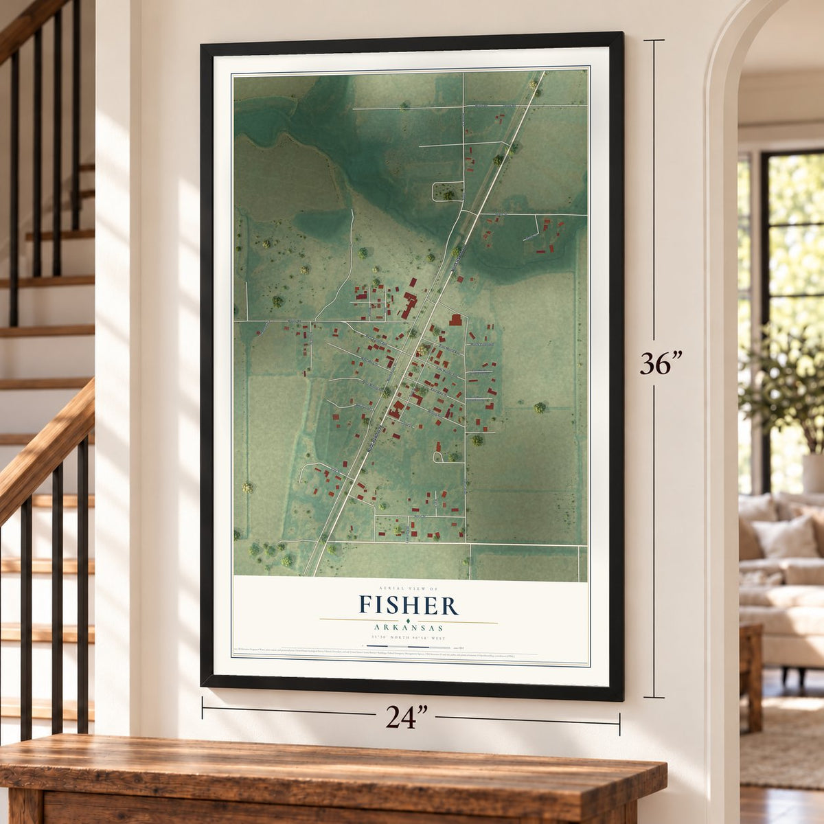 Fisher, Arkansas map, 24 x 36 inch print in a black frame by a staircase