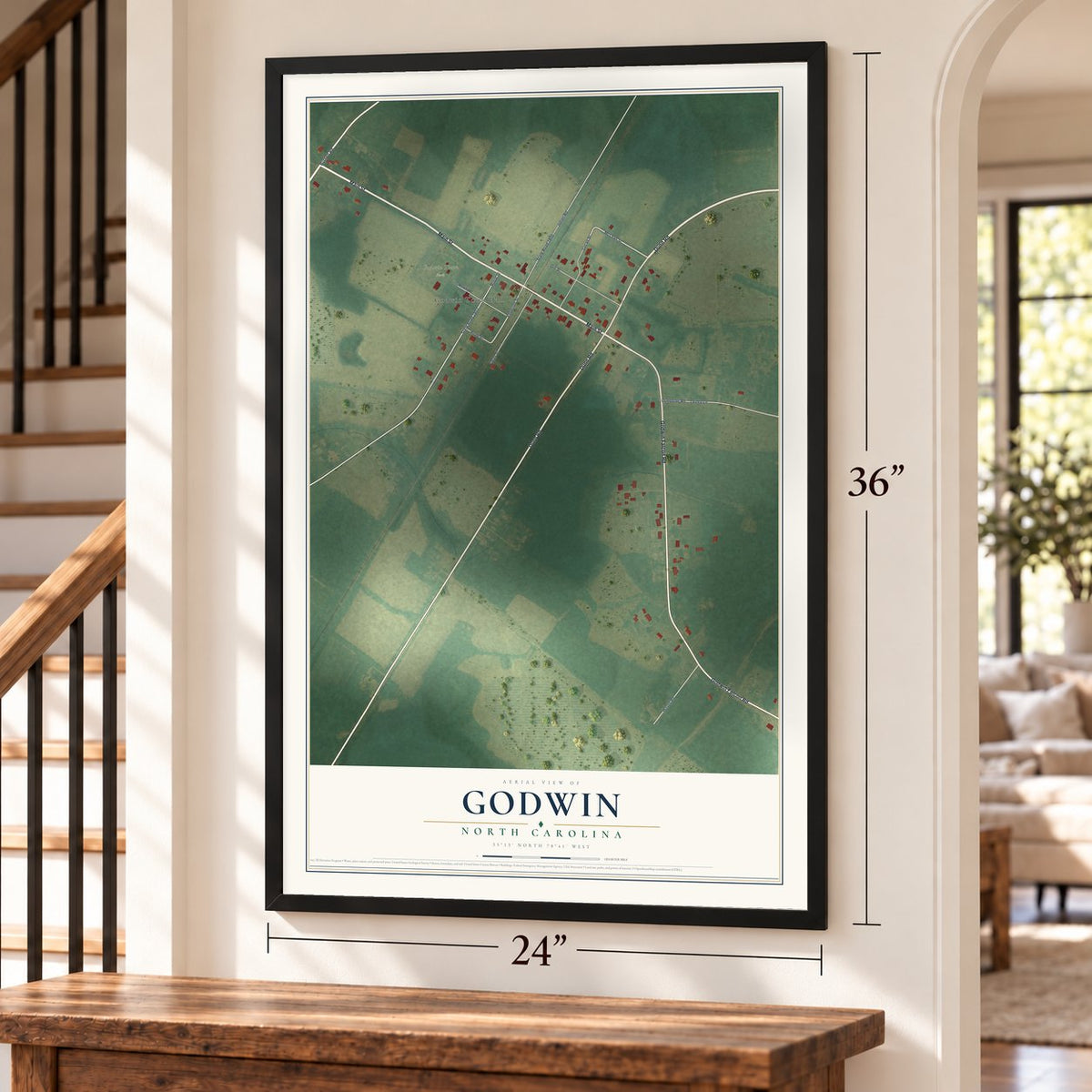 Godwin, North Carolina map, 24 x 36 inch print in a black frame by a staircase