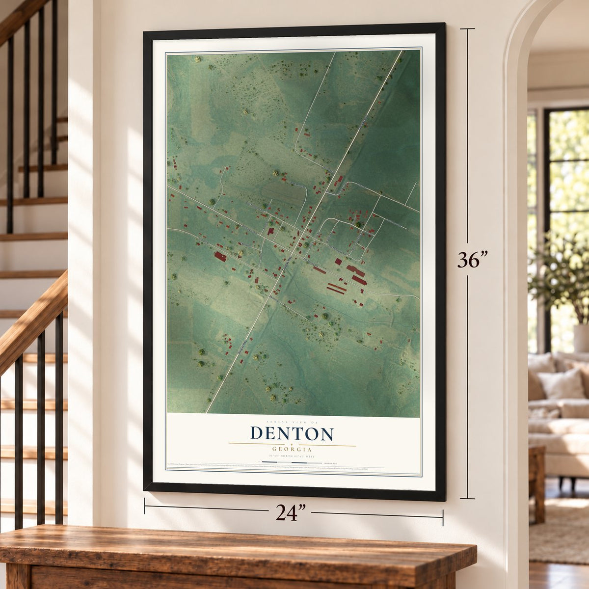 Denton, Georgia map, 24 x 36 inch print in a black frame by a staircase