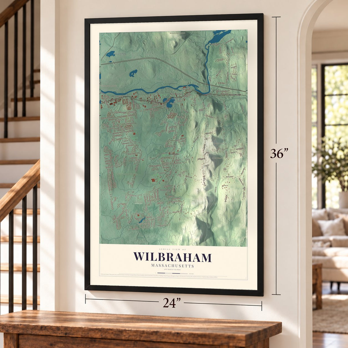 Wilbraham, Massachusetts map, 24 x 36 inch print in a black frame by a staircase