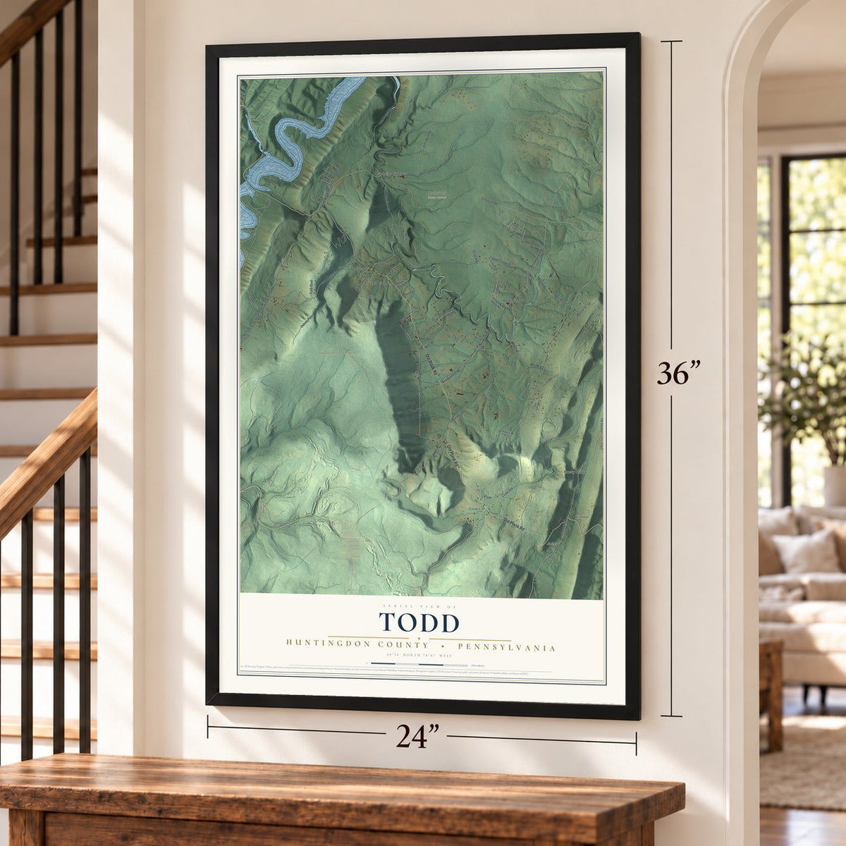 Todd, Huntingdon County, Pennsylvania map, 24 x 36 inch print in a black frame by a staircase