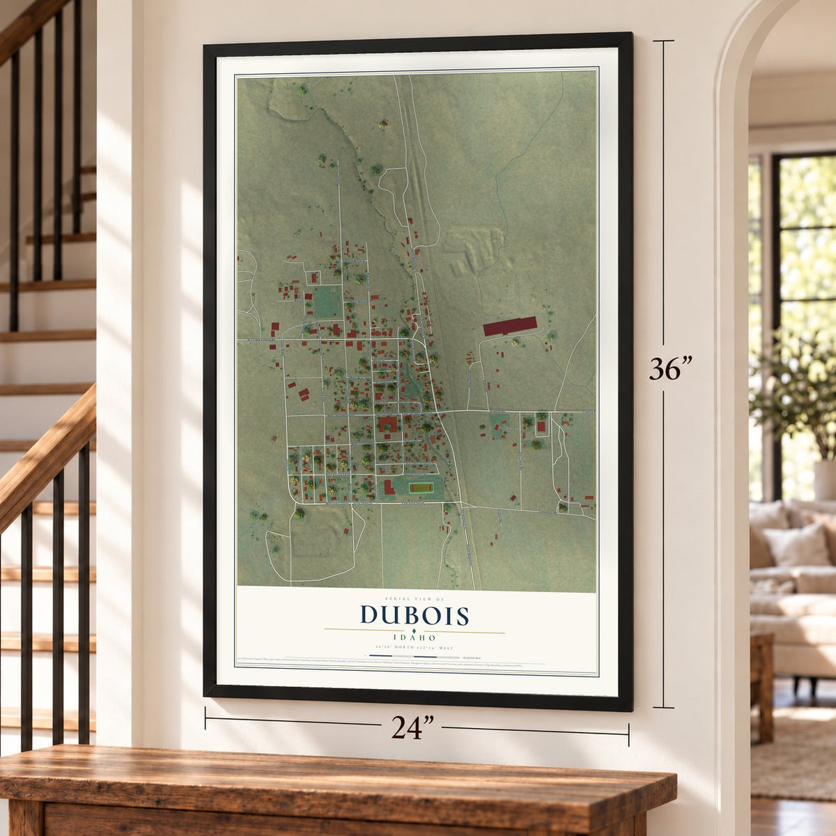 Dubois, Idaho map, 24 x 36 inch print in a black frame by a staircase