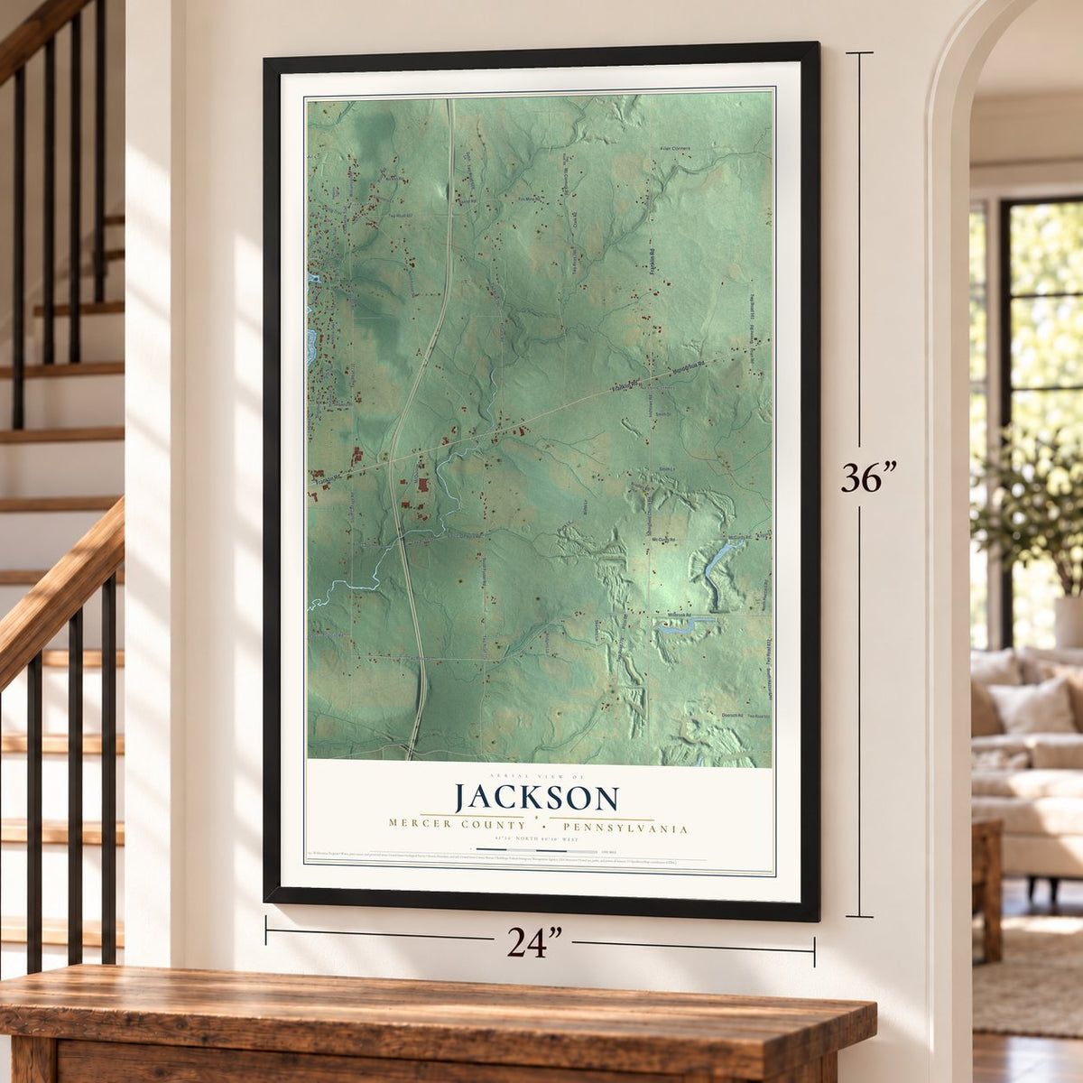 Jackson, Mercer County, Pennsylvania map, 24 x 36 inch print in a black frame by a staircase