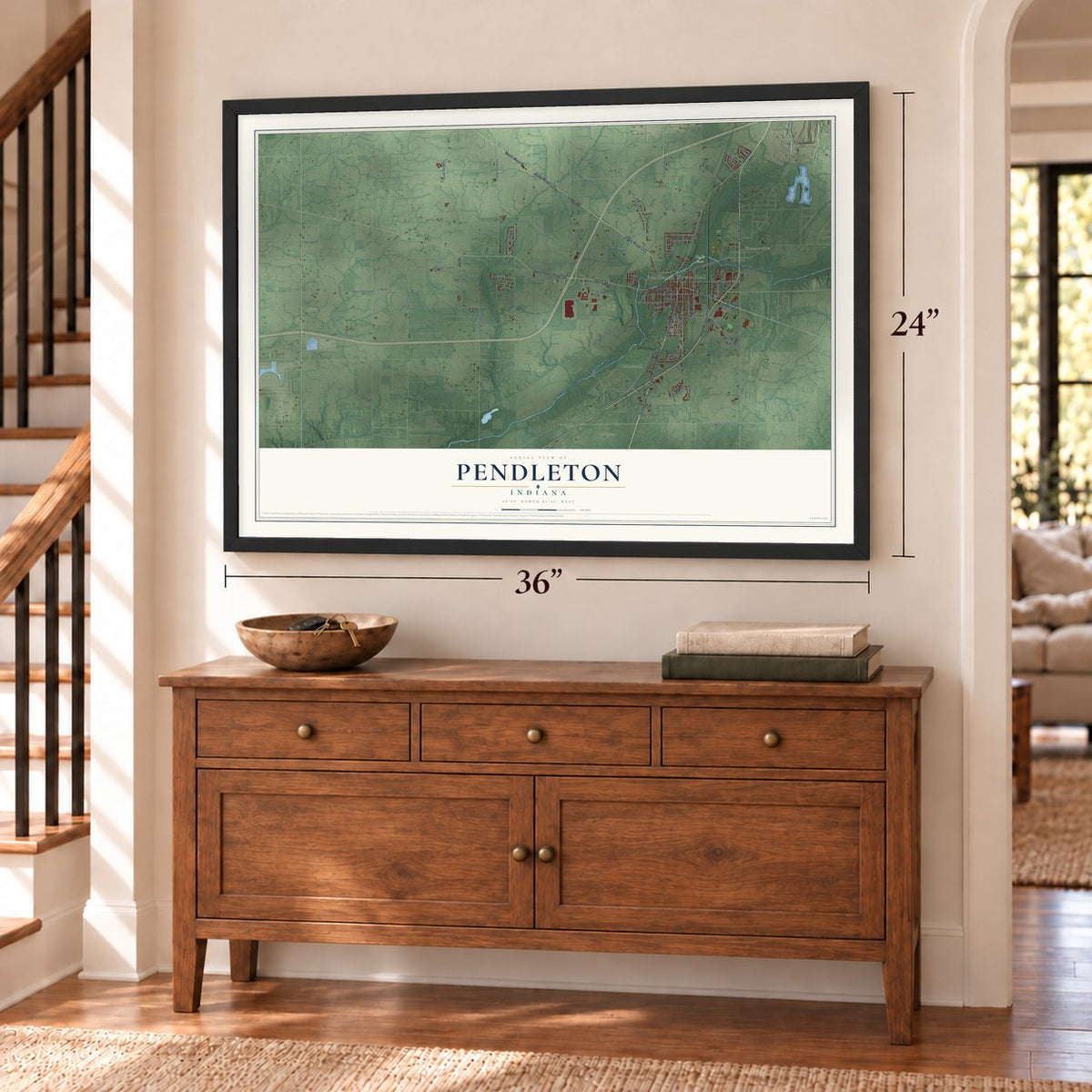 Pendleton, Indiana map, 24 x 36 inch print in a black frame above a dresser by a staircase