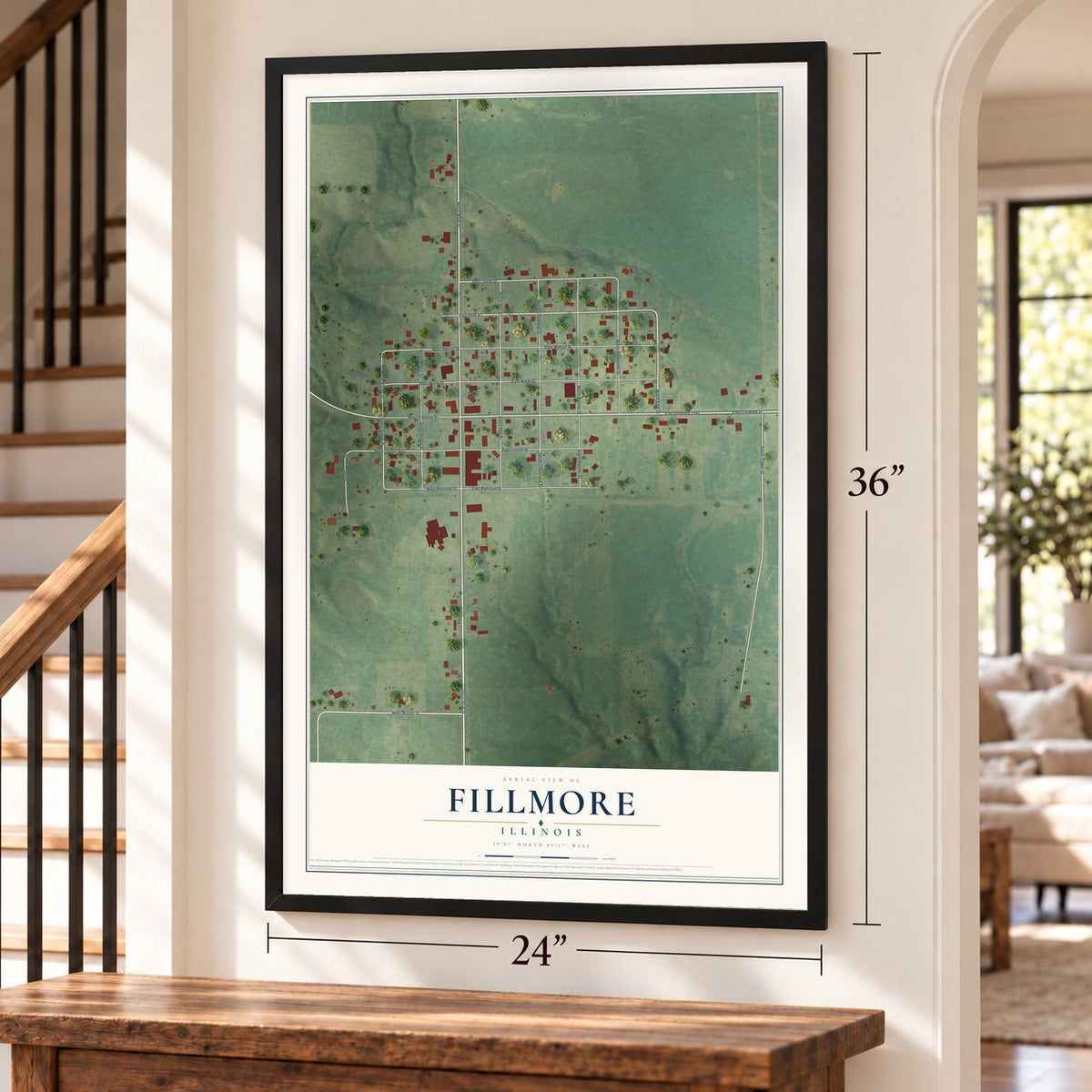 Fillmore, Illinois map, 24 x 36 inch print in a black frame by a staircase