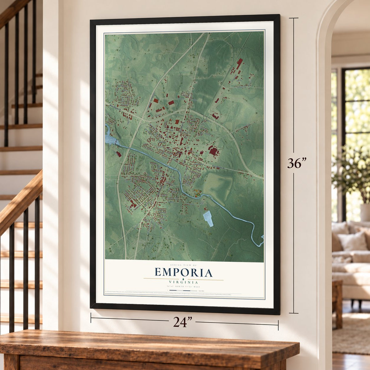 Emporia, Virginia map, 24 x 36 inch print in a black frame by a staircase