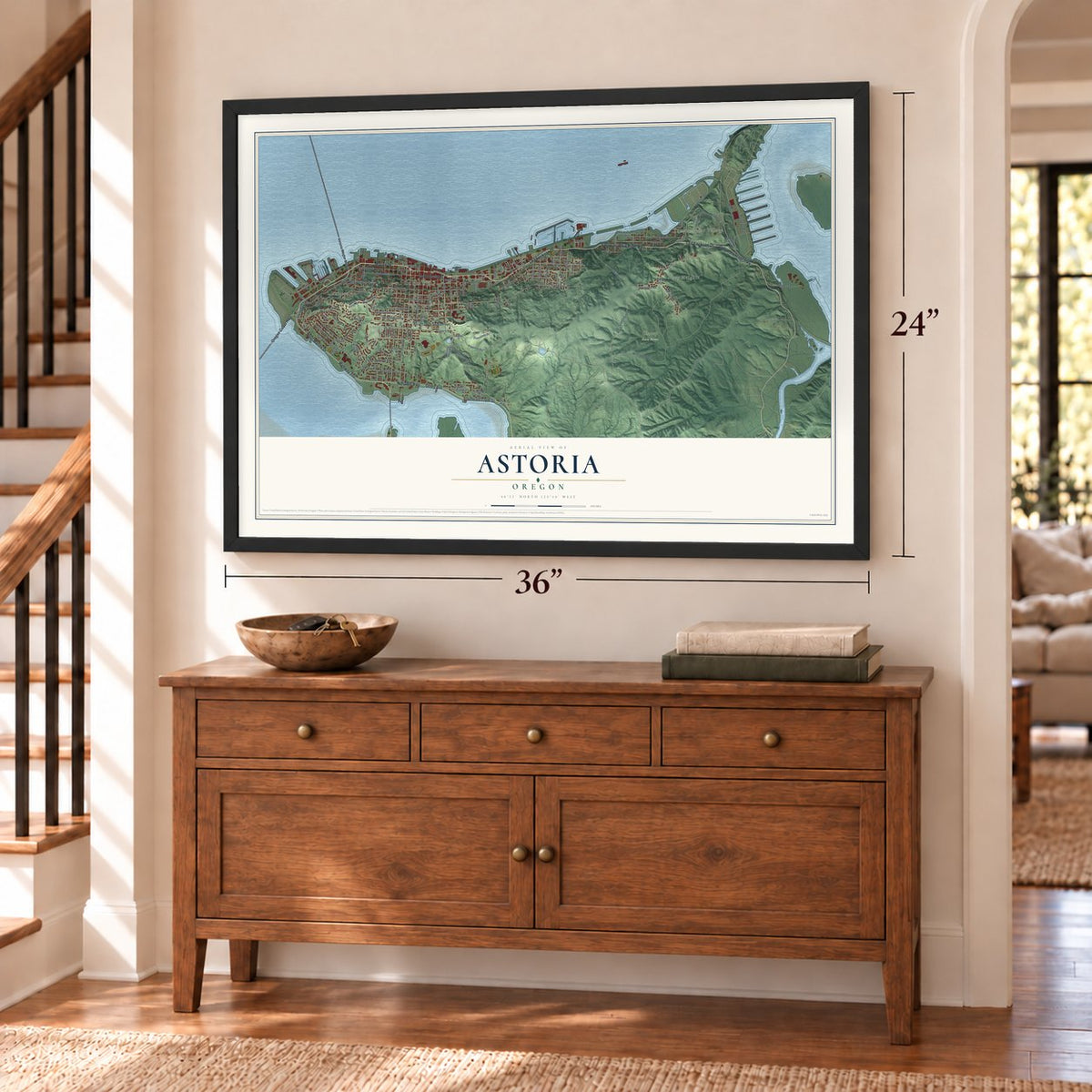 Astoria, Oregon map, 24 x 36 inch print in a black frame above a dresser by a staircase