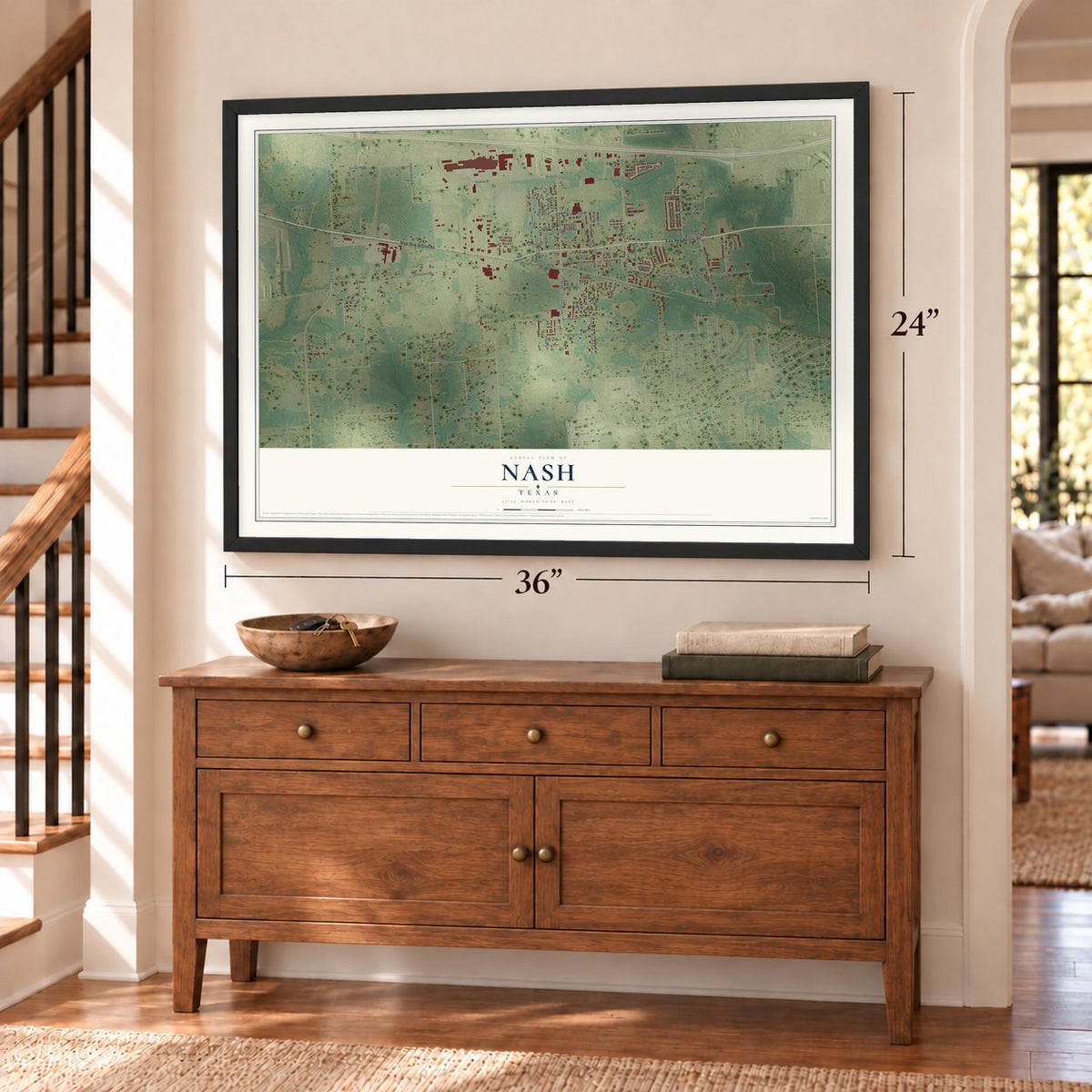 Nash, Texas map, 24 x 36 inch print in a black frame above a dresser by a staircase