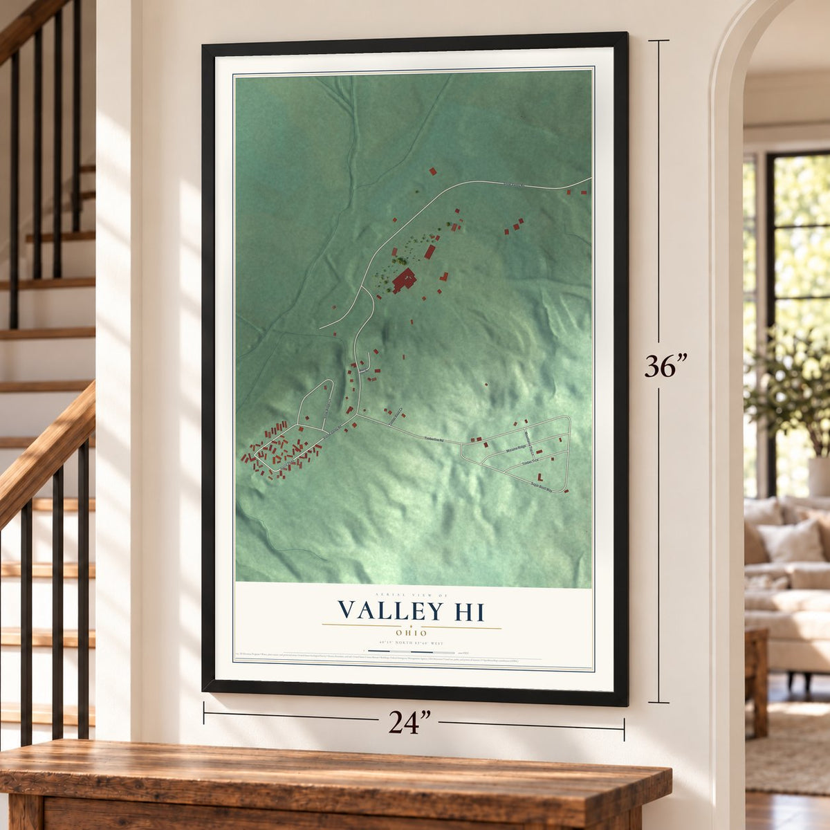 Valley Hi, Ohio map, 24 x 36 inch print in a black frame by a staircase