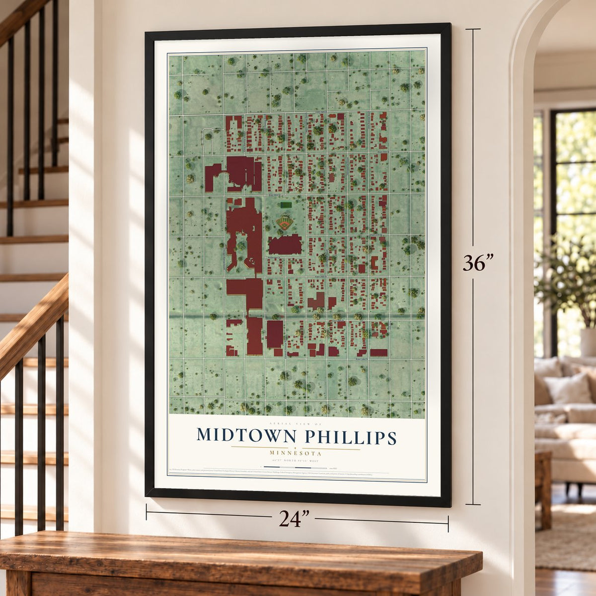 Midtown Phillips, Minnesota map, 24 x 36 inch print in a black frame by a staircase