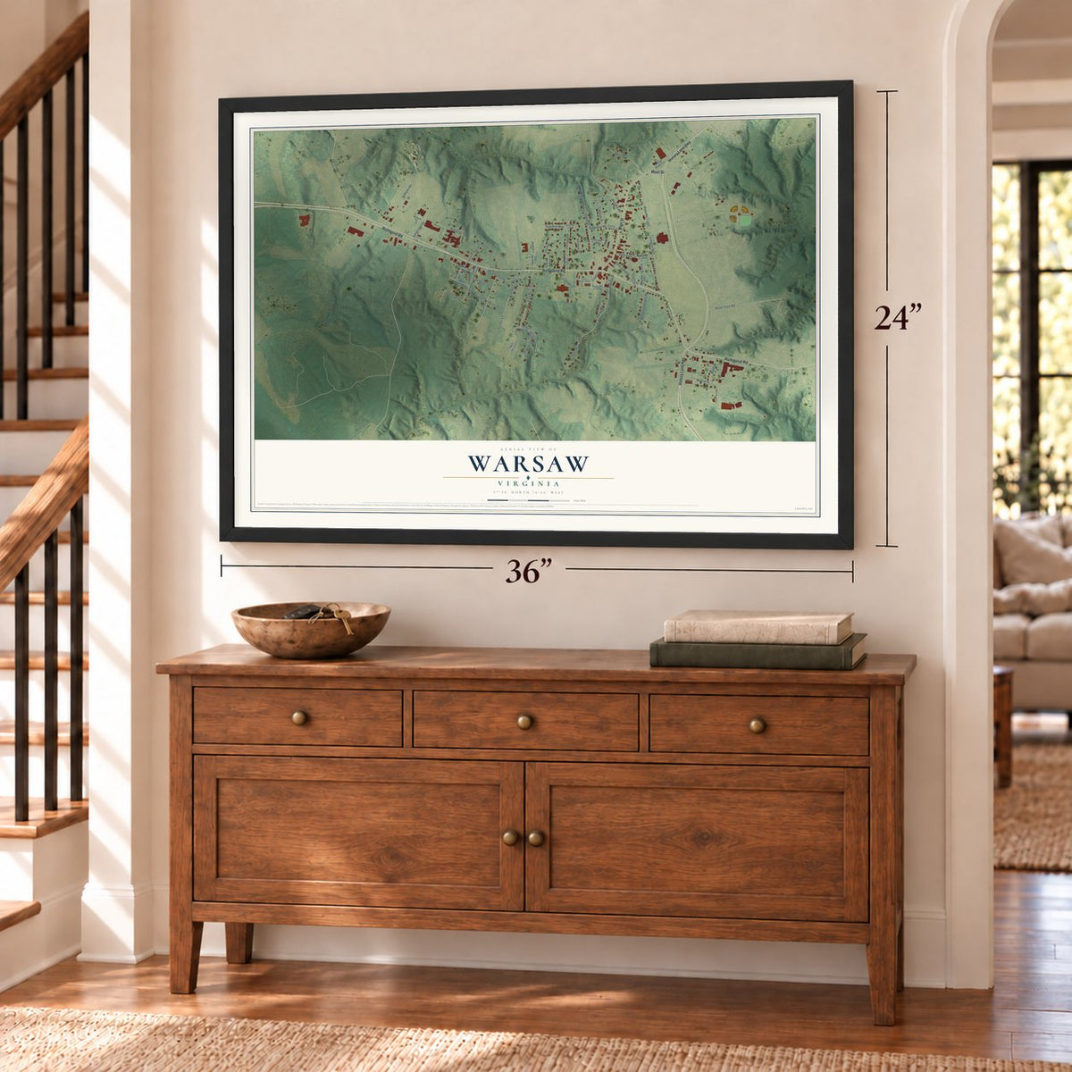 Warsaw, Virginia map, 24 x 36 inch print in a black frame above a dresser by a staircase