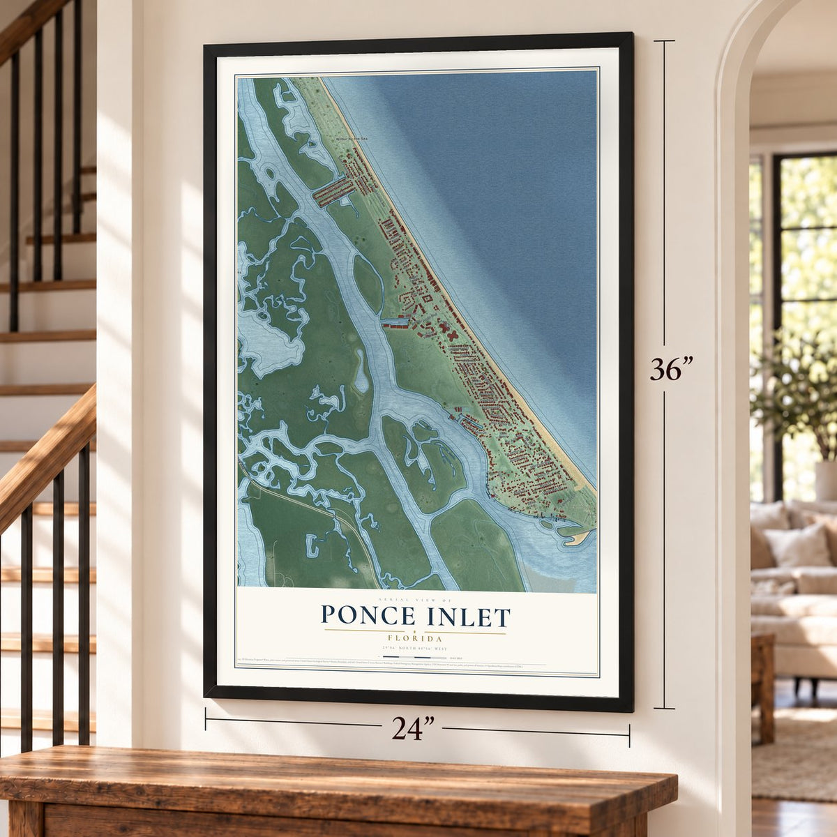 Ponce Inlet, Florida map, 24 x 36 inch print in a black frame by a staircase