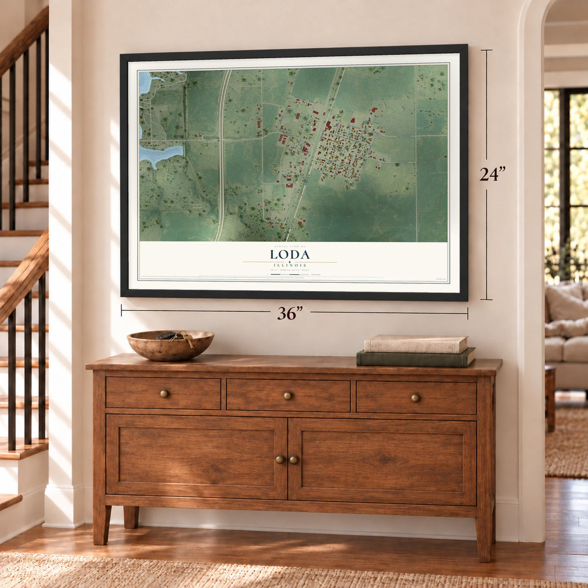 Loda, Illinois map, 24 x 36 inch print in a black frame above a dresser by a staircase