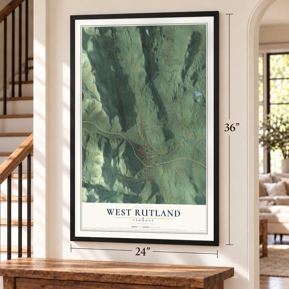 West Rutland, Vermont map, 24 x 36 inch print in a black frame by a staircase