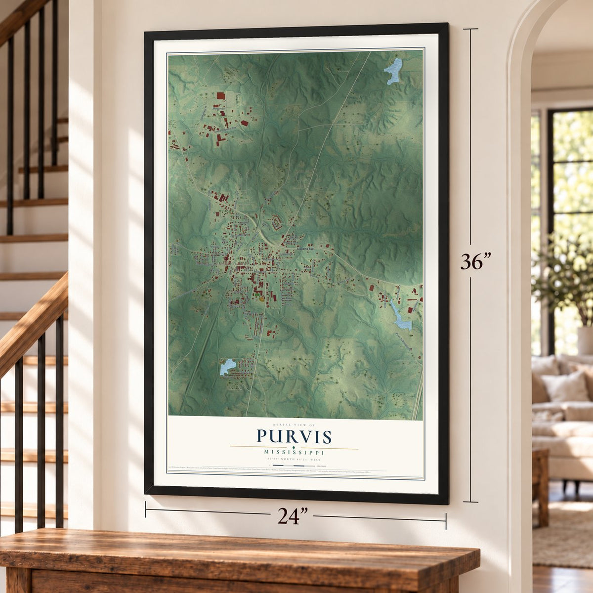 Purvis, Mississippi map, 24 x 36 inch print in a black frame by a staircase