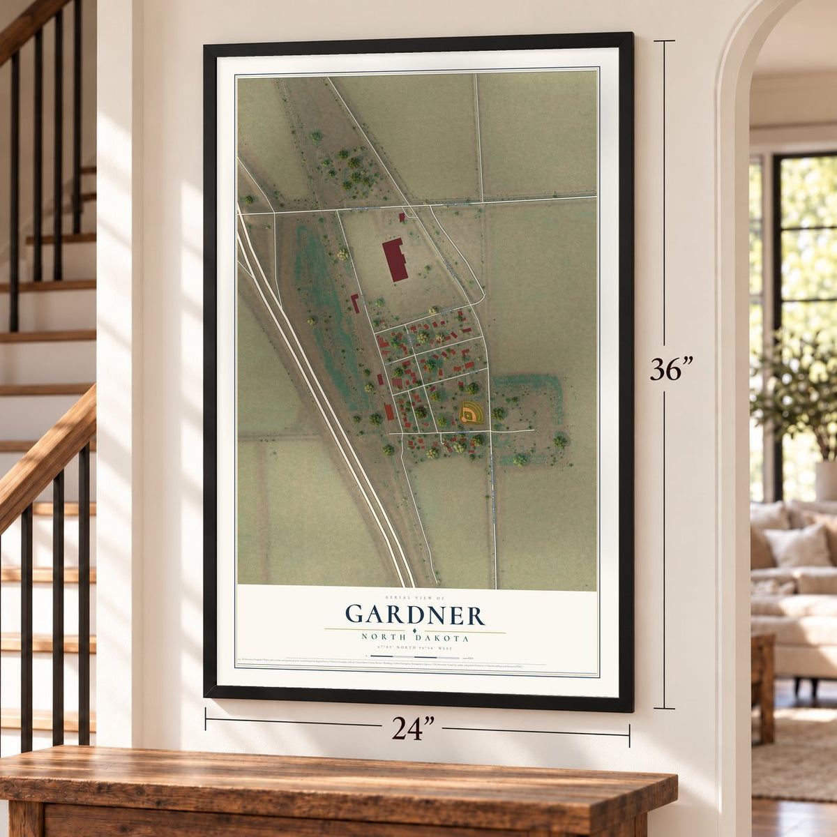 Gardner, North Dakota map, 24 x 36 inch print in a black frame by a staircase