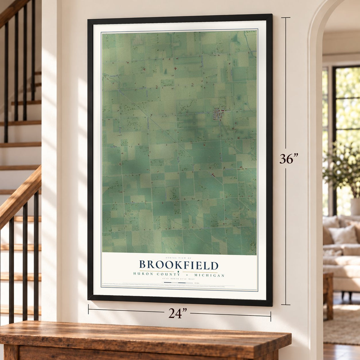 Brookfield, Huron County, Michigan map, 24 x 36 inch print in a black frame by a staircase