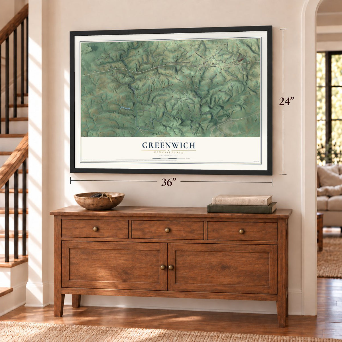 Greenwich, Pennsylvania map, 24 x 36 inch print in a black frame above a dresser by a staircase