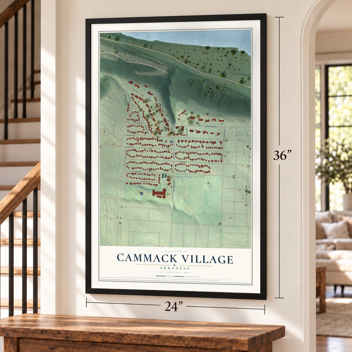 Cammack Village, Arkansas map, 24 x 36 inch print in a black frame by a staircase