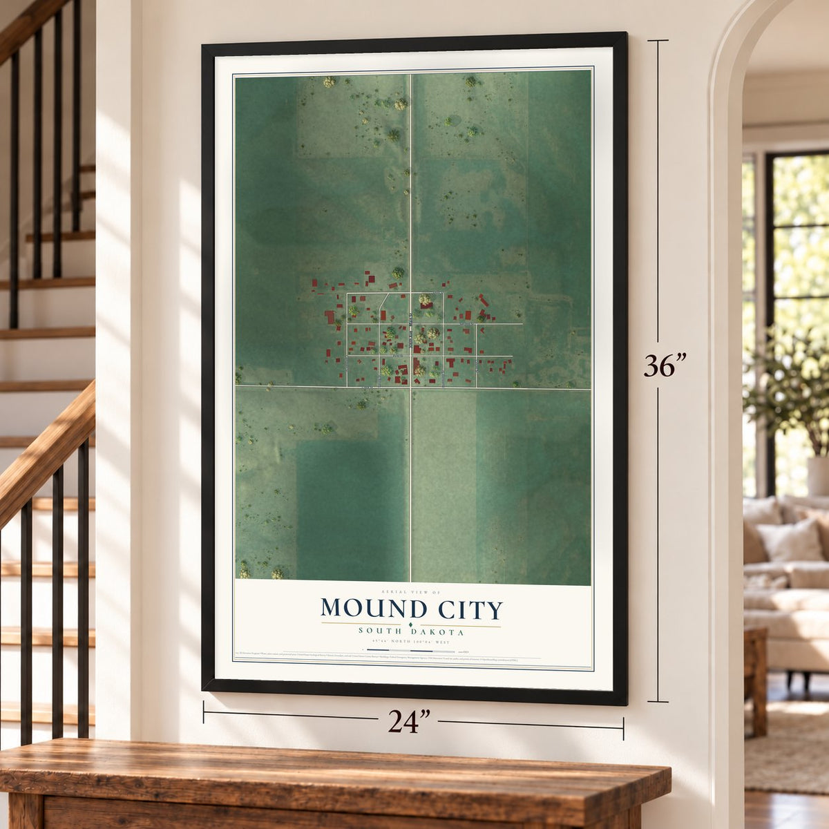 Mound City, South Dakota map, 24 x 36 inch print in a black frame by a staircase