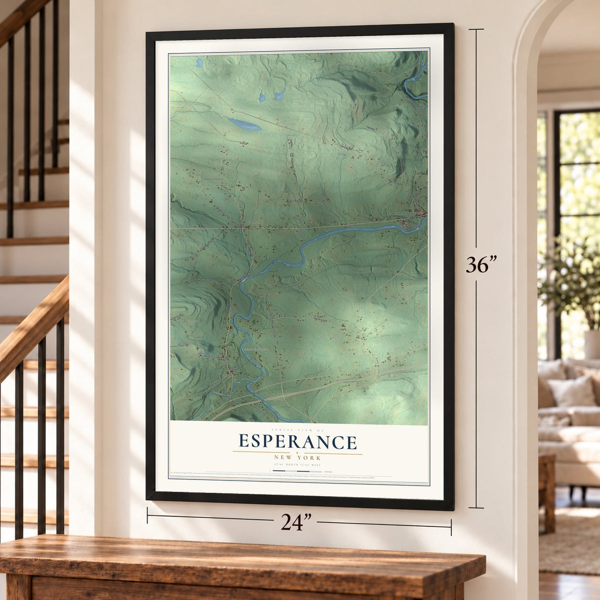 Esperance, New York map, 24 x 36 inch print in a black frame by a staircase