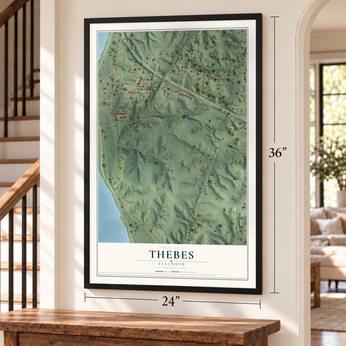 Thebes, Illinois map, 24 x 36 inch print in a black frame by a staircase