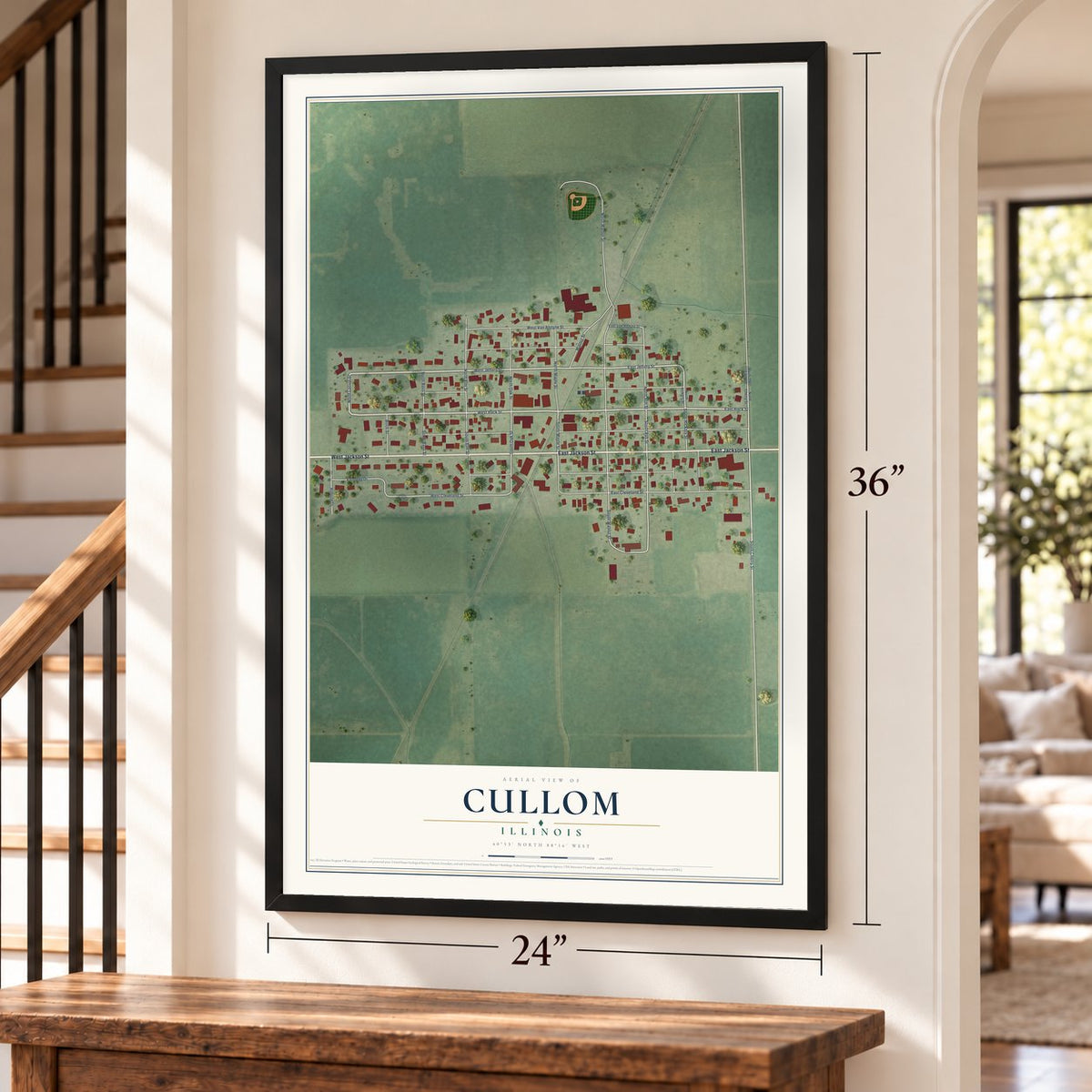 Cullom, Illinois map, 24 x 36 inch print in a black frame by a staircase