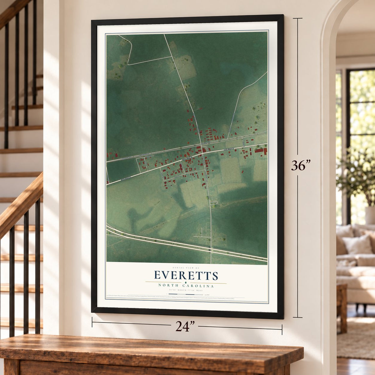 Everetts, North Carolina map, 24 x 36 inch print in a black frame by a staircase