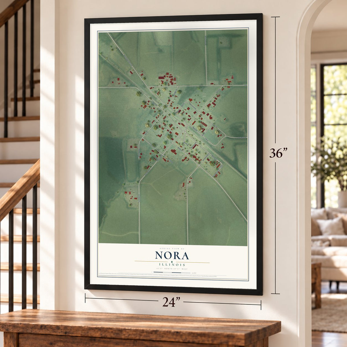 Nora, Illinois map, 24 x 36 inch print in a black frame by a staircase