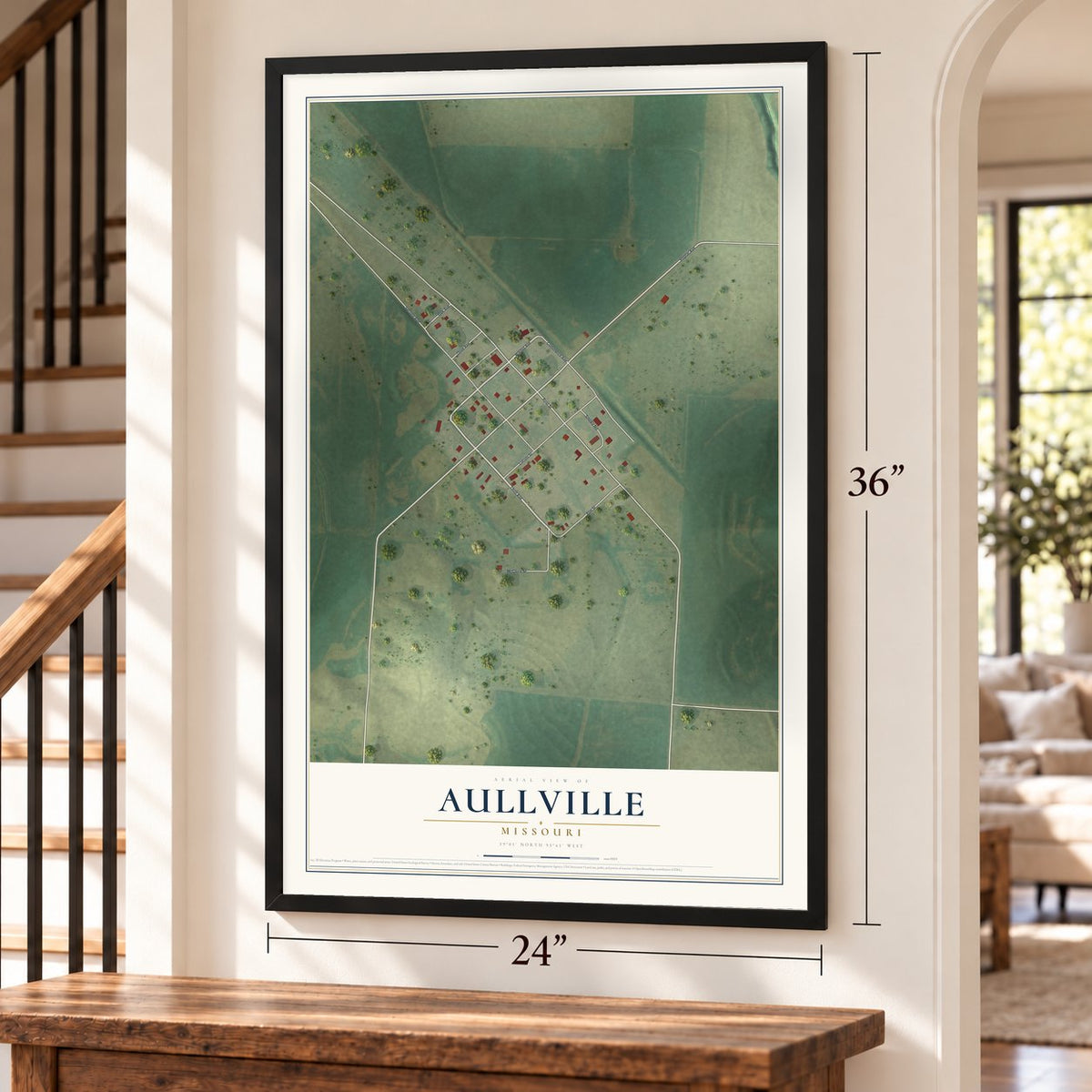 Aullville, Missouri map, 24 x 36 inch print in a black frame by a staircase