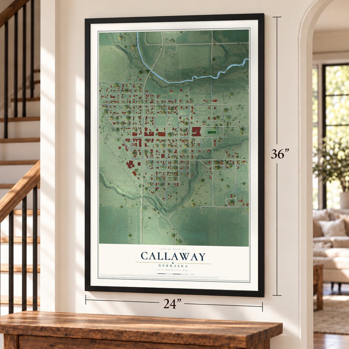 Callaway, Nebraska map, 24 x 36 inch print in a black frame by a staircase