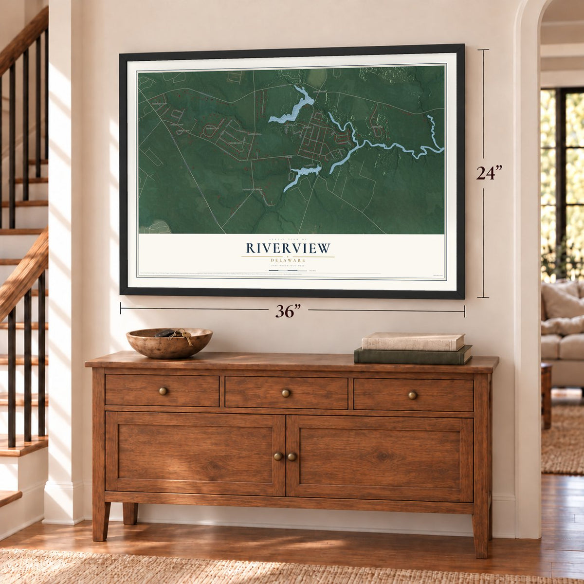 Riverview, Delaware map, 24 x 36 inch print in a black frame above a dresser by a staircase