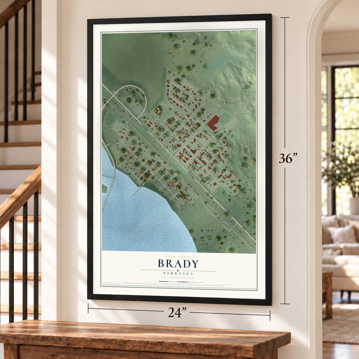 Brady, Nebraska map, 24 x 36 inch print in a black frame by a staircase